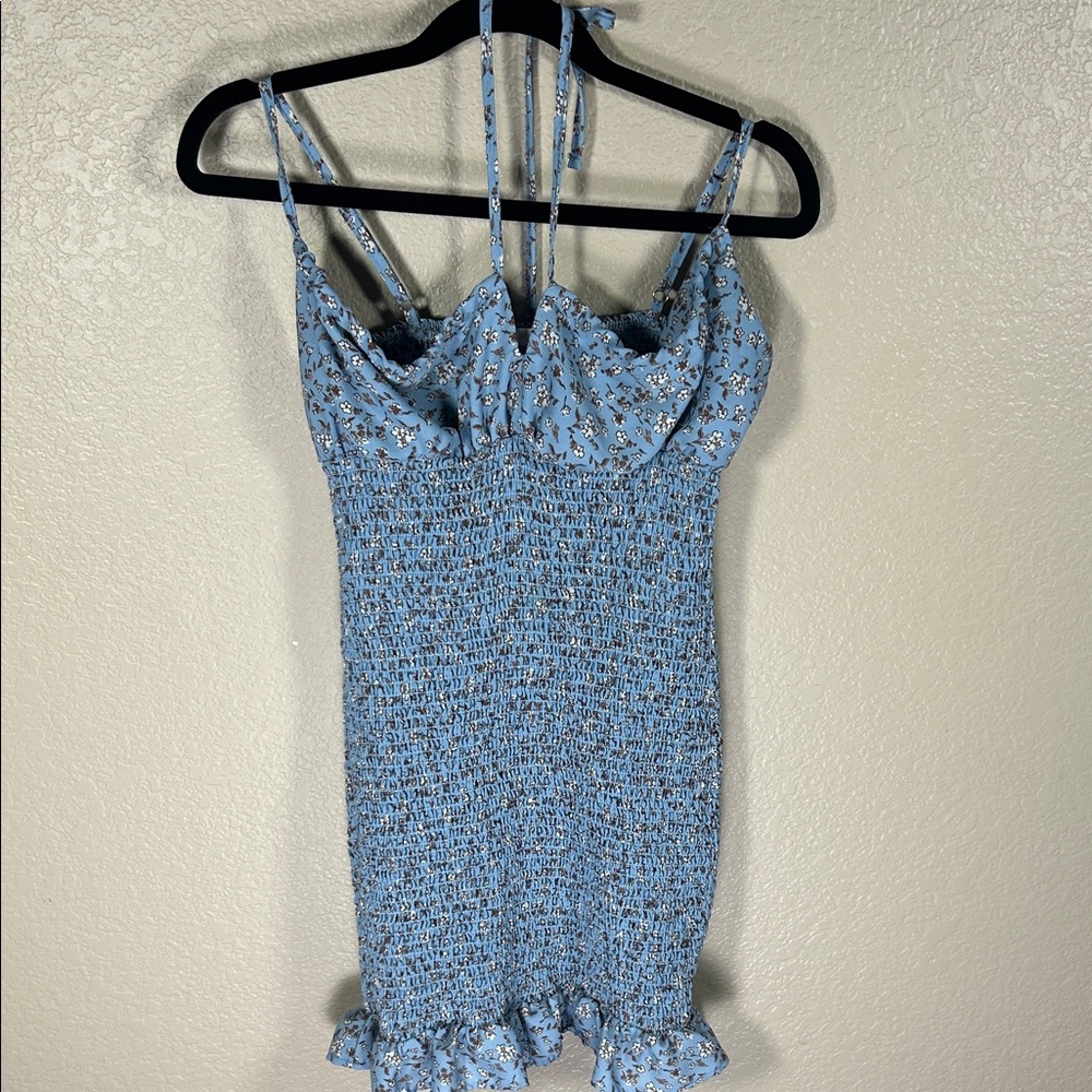 Iris Smocked Ruffle Hem Brown &Light Blue Spring Dress Size Medium